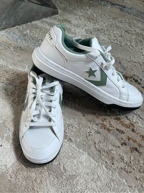 Converse White Leather Sneakers with Sage Green Star and Chevron